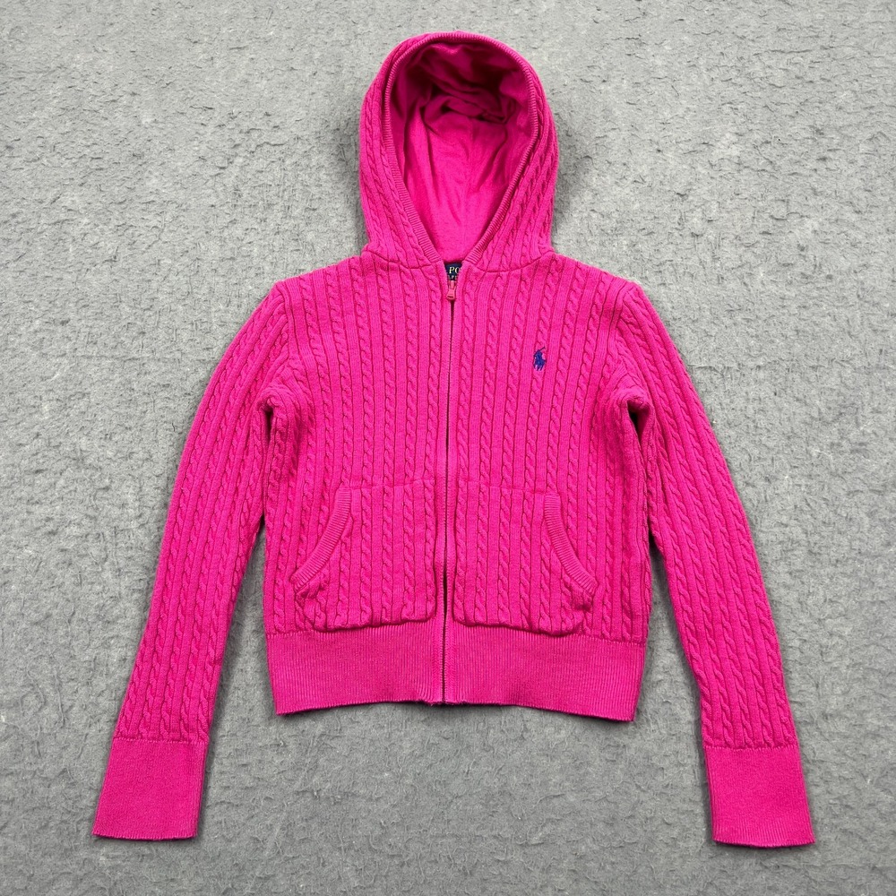 Polo Ralph Lauren Girls Medium Pink Mini-Cable Knit Cotton Full-Zip Hoodie‎